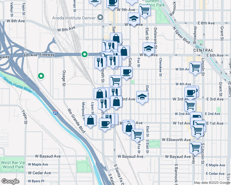 map of restaurants, bars, coffee shops, grocery stores, and more near 332 Santa Fe Drive in Denver