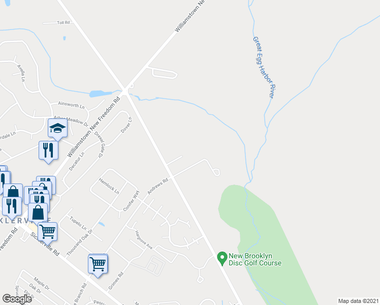 map of restaurants, bars, coffee shops, grocery stores, and more near 304 New Brooklyn Erial Road in Camden County