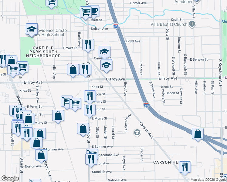 map of restaurants, bars, coffee shops, grocery stores, and more near 1226 Bacon Street in Indianapolis
