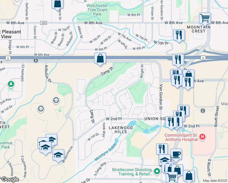 map of restaurants, bars, coffee shops, grocery stores, and more near 341 Wright Street in Lakewood