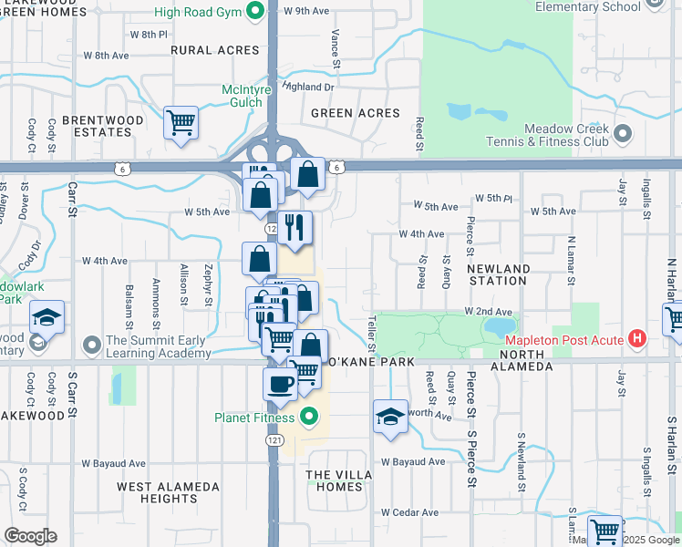 map of restaurants, bars, coffee shops, grocery stores, and more near 7310 West 3rd Place in Lakewood