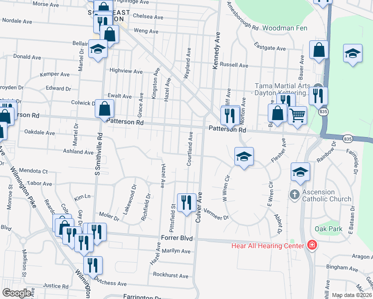 map of restaurants, bars, coffee shops, grocery stores, and more near 3070 Wayland Avenue in Dayton