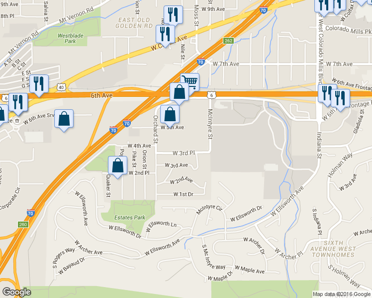 map of restaurants, bars, coffee shops, grocery stores, and more near 15791 West 3rd Place in Golden