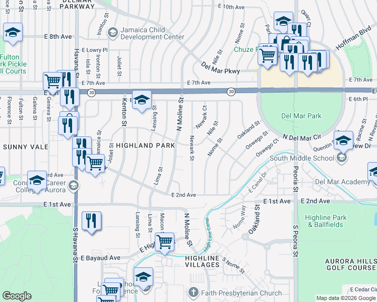 map of restaurants, bars, coffee shops, grocery stores, and more near 382 Newark Street in Aurora