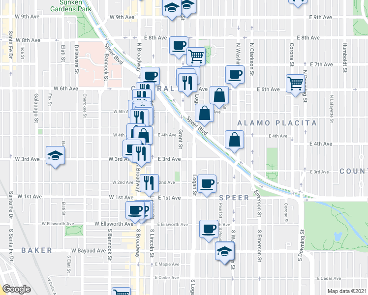 map of restaurants, bars, coffee shops, grocery stores, and more near 320 Grant Street in Denver