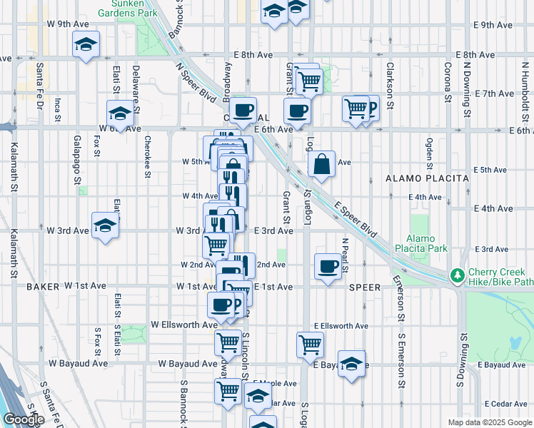map of restaurants, bars, coffee shops, grocery stores, and more near 324 Sherman Street in Denver