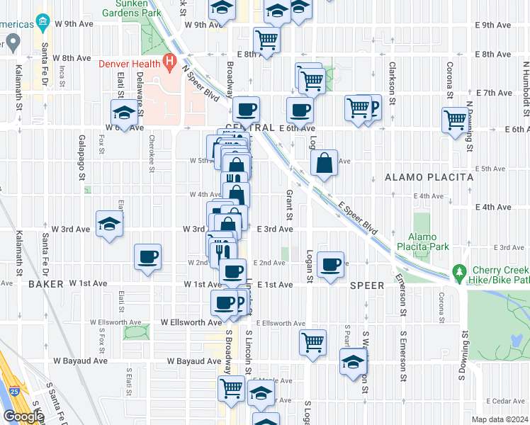 map of restaurants, bars, coffee shops, grocery stores, and more near 324 Sherman Street in Denver