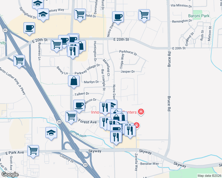 map of restaurants, bars, coffee shops, grocery stores, and more near 2310 Notre Dame Boulevard in Chico