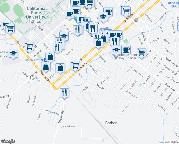 map of restaurants, bars, coffee shops, grocery stores, and more near 942 Hazel Street in Chico