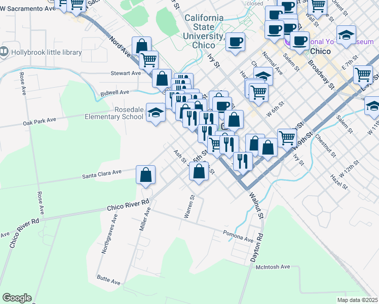 map of restaurants, bars, coffee shops, grocery stores, and more near 403 Ash Street in Chico