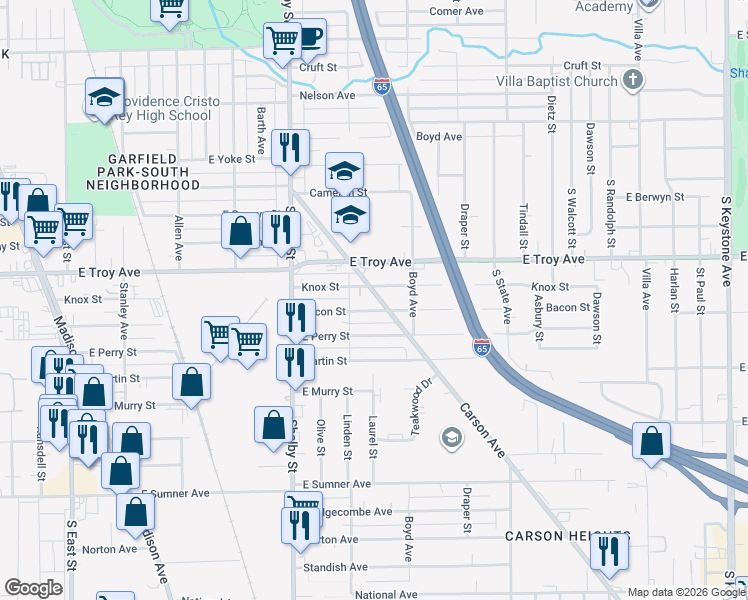 map of restaurants, bars, coffee shops, grocery stores, and more near 1226 Bacon Street in Indianapolis
