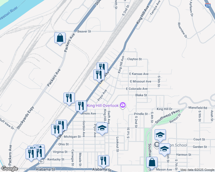 map of restaurants, bars, coffee shops, grocery stores, and more near 5105 Pryor Avenue in Saint Joseph