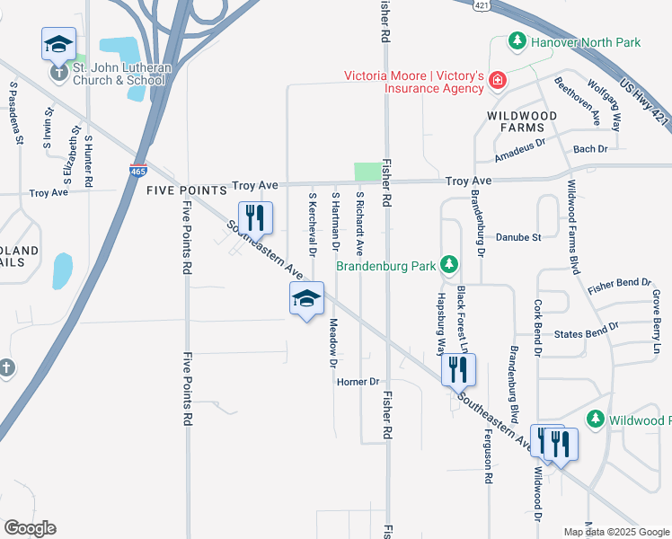 map of restaurants, bars, coffee shops, grocery stores, and more near 3202 South Richardt Avenue in Indianapolis