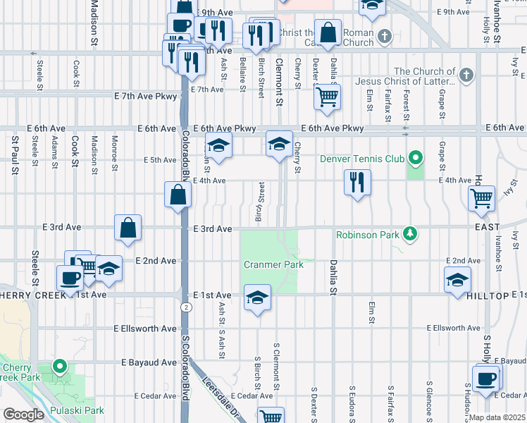 map of restaurants, bars, coffee shops, grocery stores, and more near 330 Birch Street in Denver