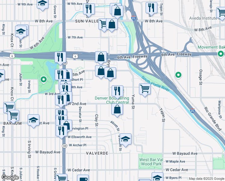 map of restaurants, bars, coffee shops, grocery stores, and more near 2502 West 4th Avenue in Denver
