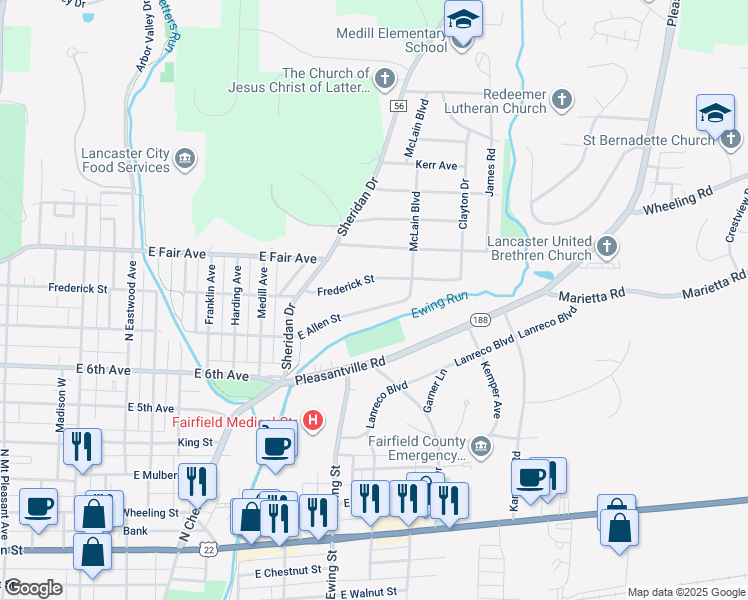map of restaurants, bars, coffee shops, grocery stores, and more near 1313 East Allen Street in Lancaster