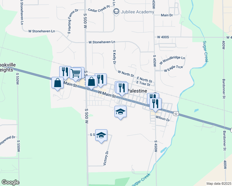 map of restaurants, bars, coffee shops, grocery stores, and more near 26 West Main Street in New Palestine