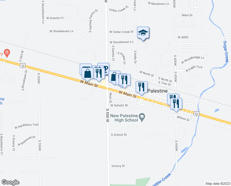 map of restaurants, bars, coffee shops, grocery stores, and more near 47 West Main Street in New Palestine