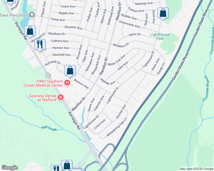 map of restaurants, bars, coffee shops, grocery stores, and more near 1054 Barnacle Drive in Stafford Township