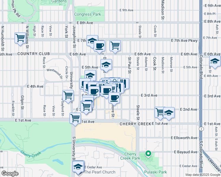 map of restaurants, bars, coffee shops, grocery stores, and more near 345 Fillmore Street in Denver