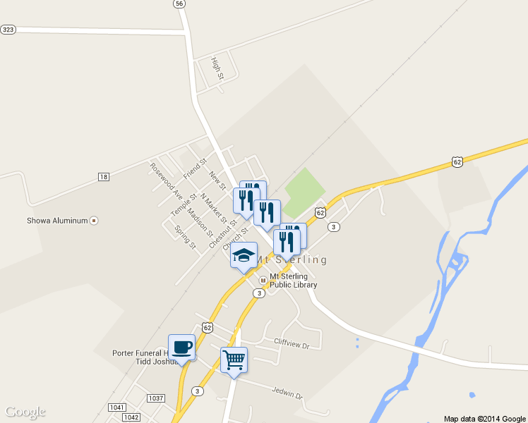 map of restaurants, bars, coffee shops, grocery stores, and more near 28 Houston Street in Mount Sterling