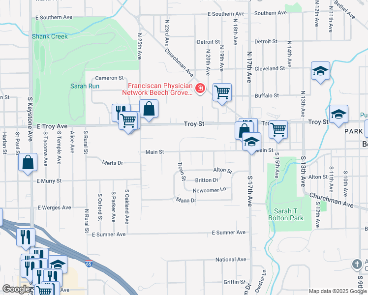 map of restaurants, bars, coffee shops, grocery stores, and more near 2146 Main St in Beech Grove