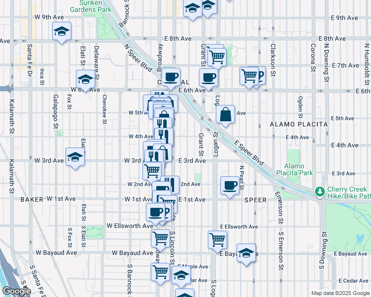 map of restaurants, bars, coffee shops, grocery stores, and more near 335 Sherman Street in Denver