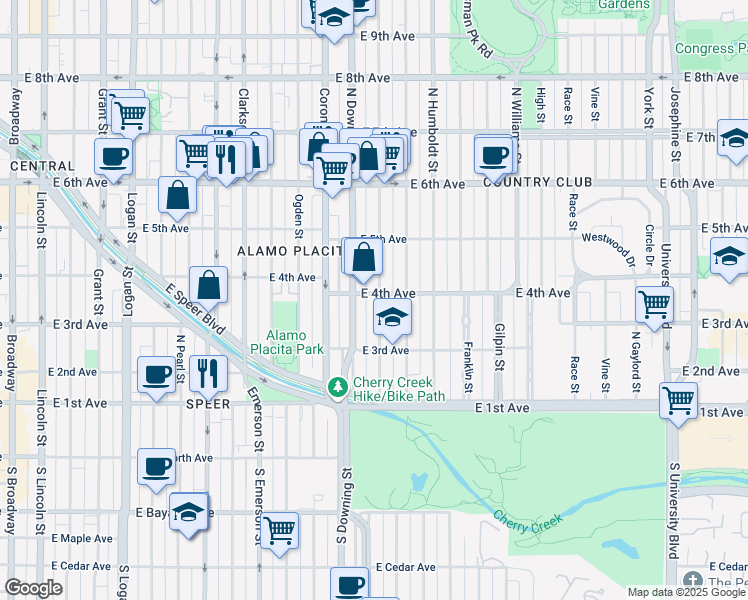 map of restaurants, bars, coffee shops, grocery stores, and more near 380 North Marion Street in Denver