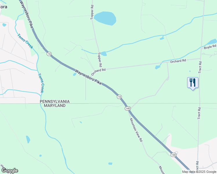 map of restaurants, bars, coffee shops, grocery stores, and more near 119 Waynesboro Pike in Fairfield