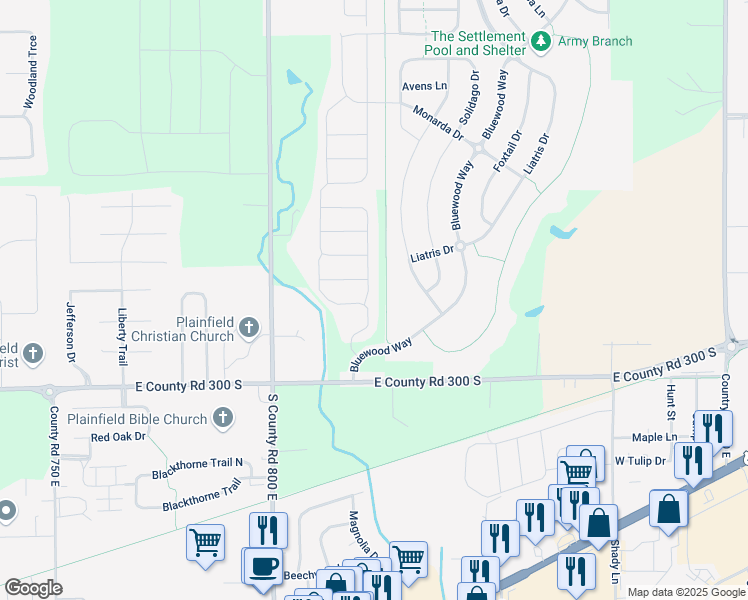 map of restaurants, bars, coffee shops, grocery stores, and more near 2801 Anchusa Drive in Plainfield