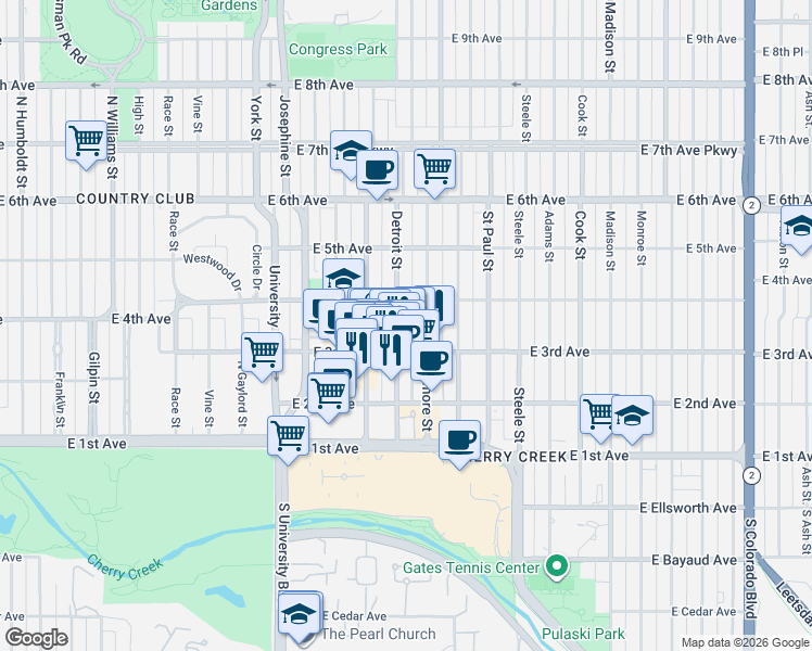 map of restaurants, bars, coffee shops, grocery stores, and more near 350 Detroit Street in Denver