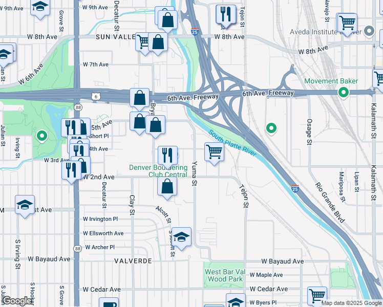 map of restaurants, bars, coffee shops, grocery stores, and more near 230-398 Yuma Street in Denver
