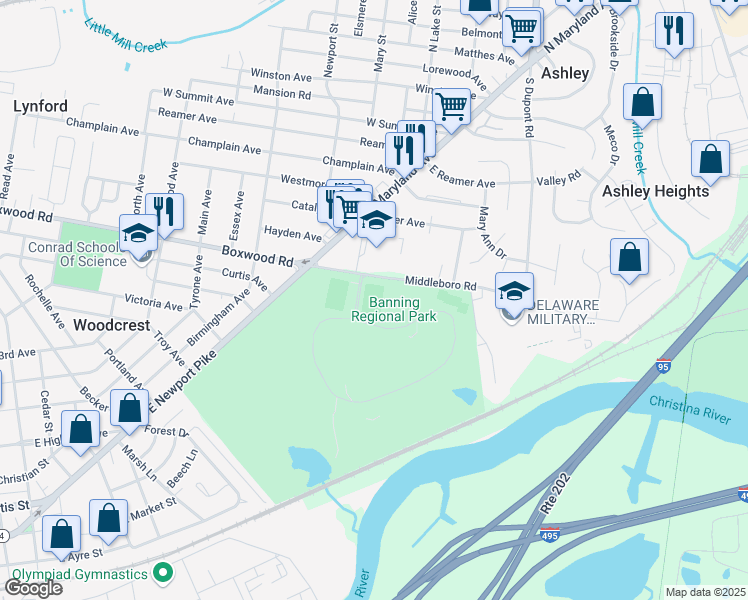 map of restaurants, bars, coffee shops, grocery stores, and more near 99 Middleboro Road in Wilmington