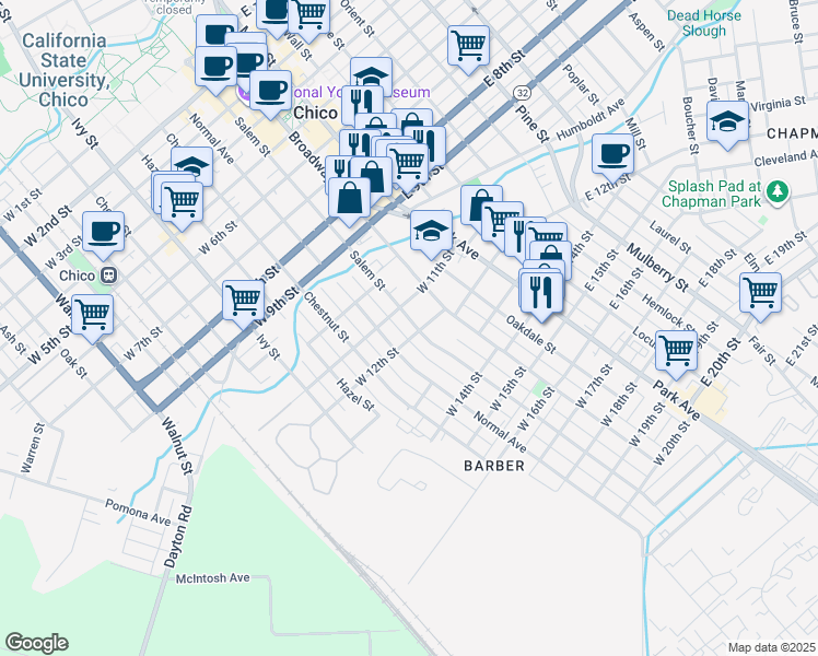 map of restaurants, bars, coffee shops, grocery stores, and more near 1144 Salem Street in Chico