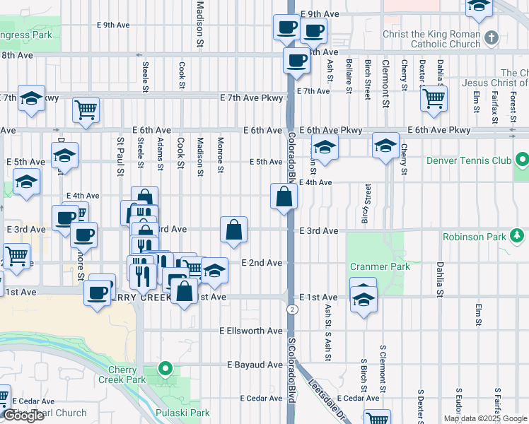 map of restaurants, bars, coffee shops, grocery stores, and more near 325 Jackson Street in Denver