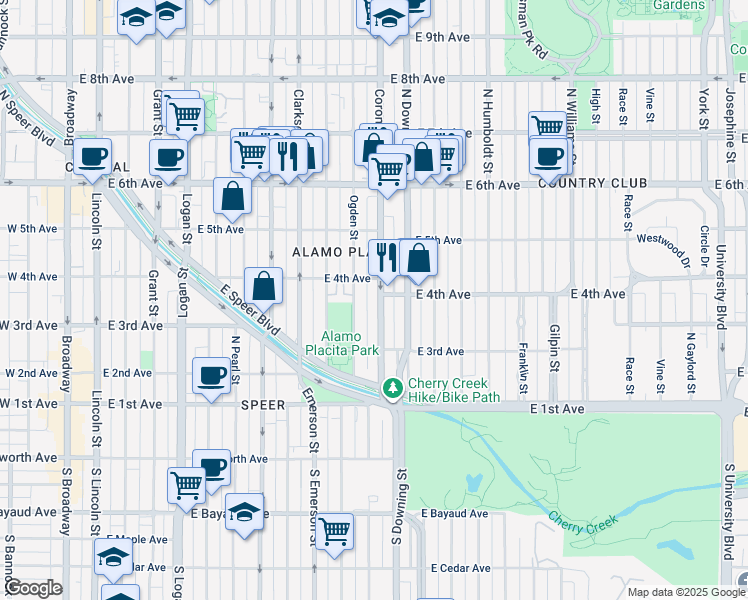 map of restaurants, bars, coffee shops, grocery stores, and more near 375 Corona Street in Denver