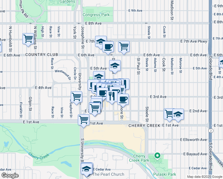 map of restaurants, bars, coffee shops, grocery stores, and more near 329 Detroit Street in Denver
