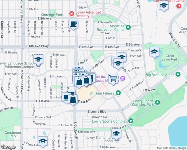 map of restaurants, bars, coffee shops, grocery stores, and more near 250 Roslyn Street in Denver