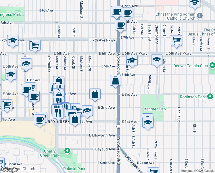 map of restaurants, bars, coffee shops, grocery stores, and more near 325 Jackson Street in Denver