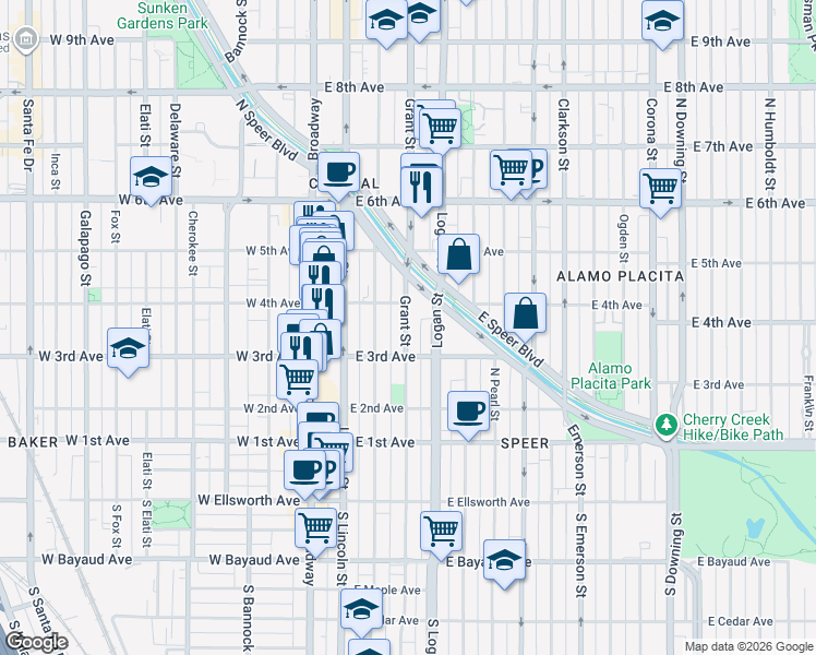 map of restaurants, bars, coffee shops, grocery stores, and more near 320 Grant Street in Denver