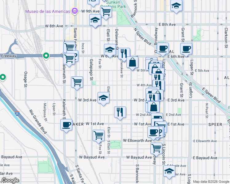 map of restaurants, bars, coffee shops, grocery stores, and more near 331 Cherokee Street in Denver