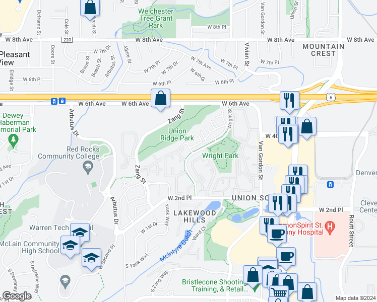 map of restaurants, bars, coffee shops, grocery stores, and more near 414 Wright Street in Denver