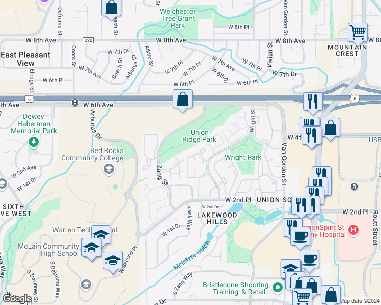 map of restaurants, bars, coffee shops, grocery stores, and more near 341 Wright Street in Lakewood