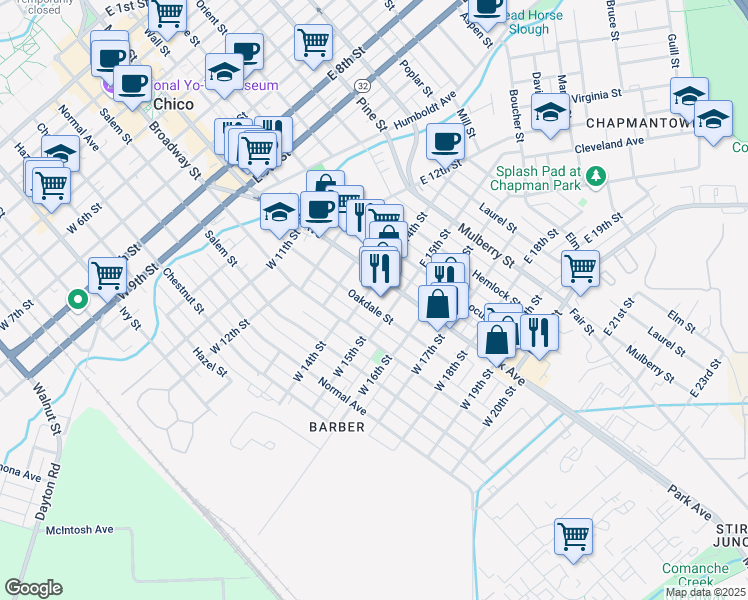 map of restaurants, bars, coffee shops, grocery stores, and more near 127 West 14th Street in Chico