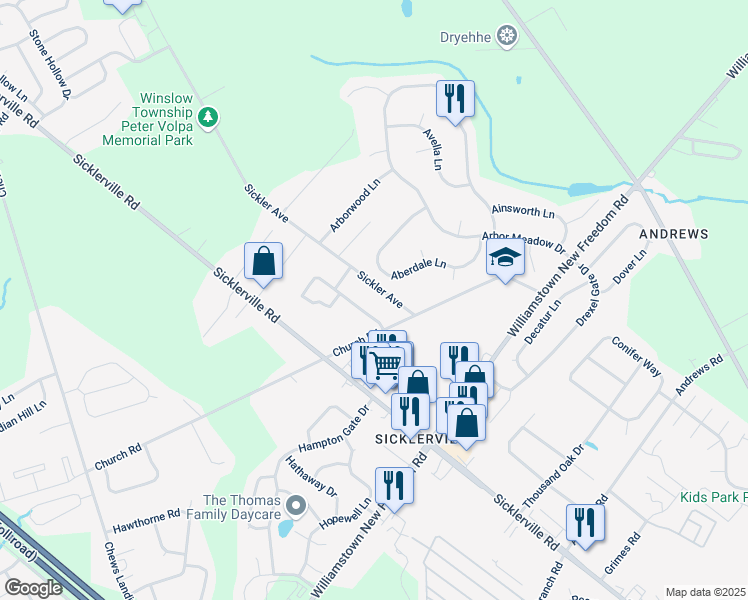 map of restaurants, bars, coffee shops, grocery stores, and more near 1600-1954 Edgewood Acres III in Sicklerville