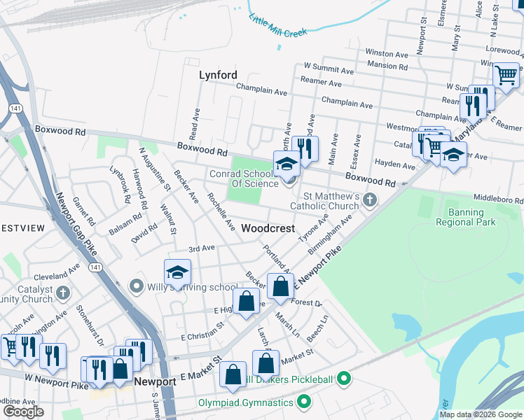 map of restaurants, bars, coffee shops, grocery stores, and more near 405 Troy Avenue in Wilmington