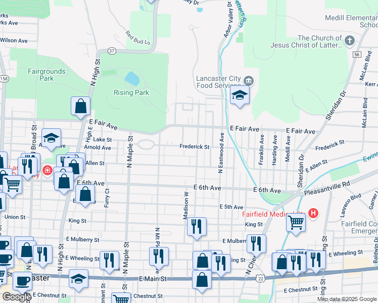 map of restaurants, bars, coffee shops, grocery stores, and more near 705 Madison Avenue in Lancaster