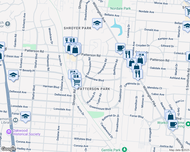 map of restaurants, bars, coffee shops, grocery stores, and more near 1011 Broadview Boulevard in Dayton