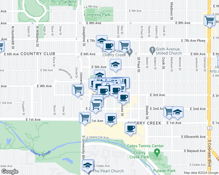 map of restaurants, bars, coffee shops, grocery stores, and more near 338 Clayton Street in Denver