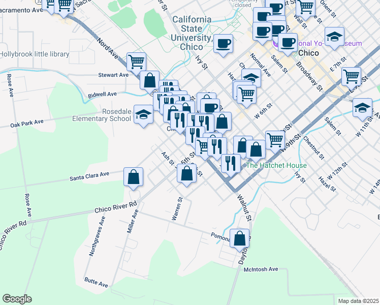 map of restaurants, bars, coffee shops, grocery stores, and more near 1128 West 5th Street in Chico